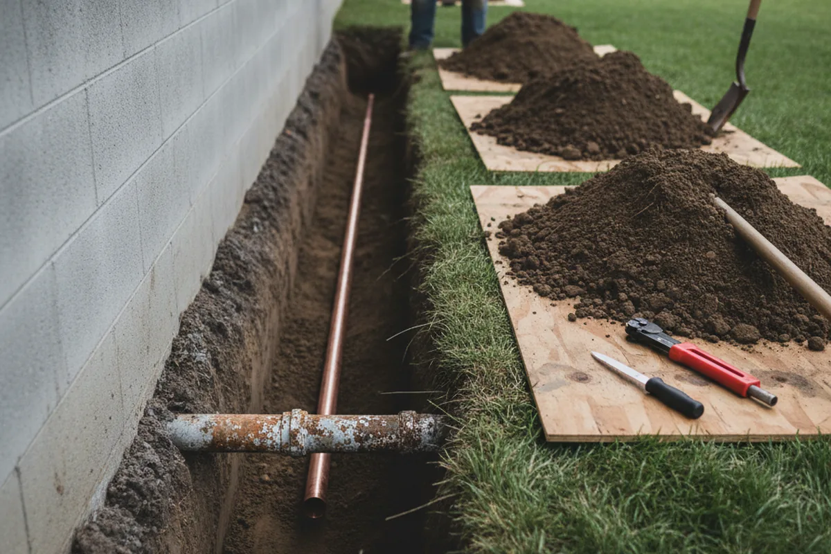 Excavated water line trench during Water Softener Installation in Rahway